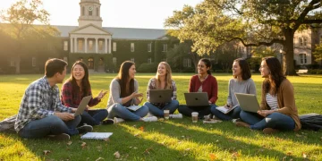 College students on campus discussing financial aid and education costs