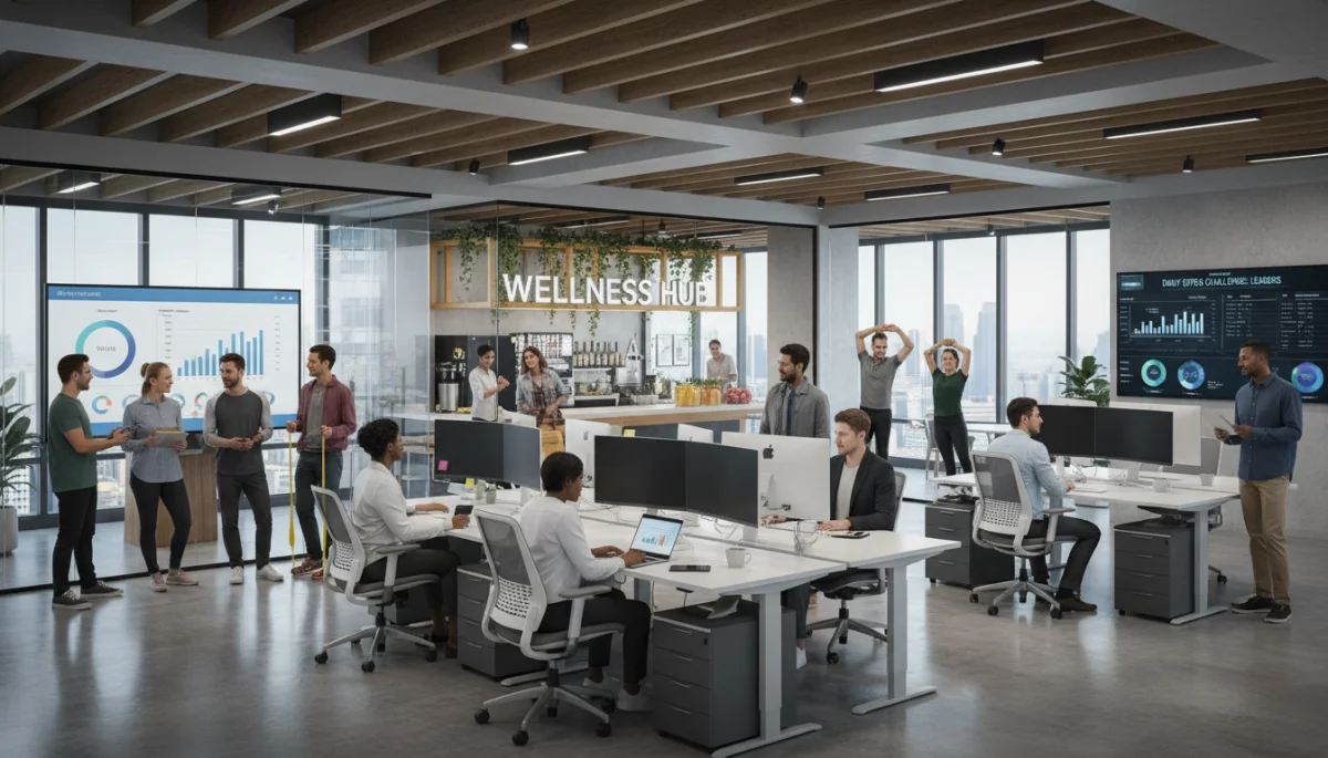 Diverse professionals collaborating in a modern office, symbolizing a dynamic and engaged workforce.