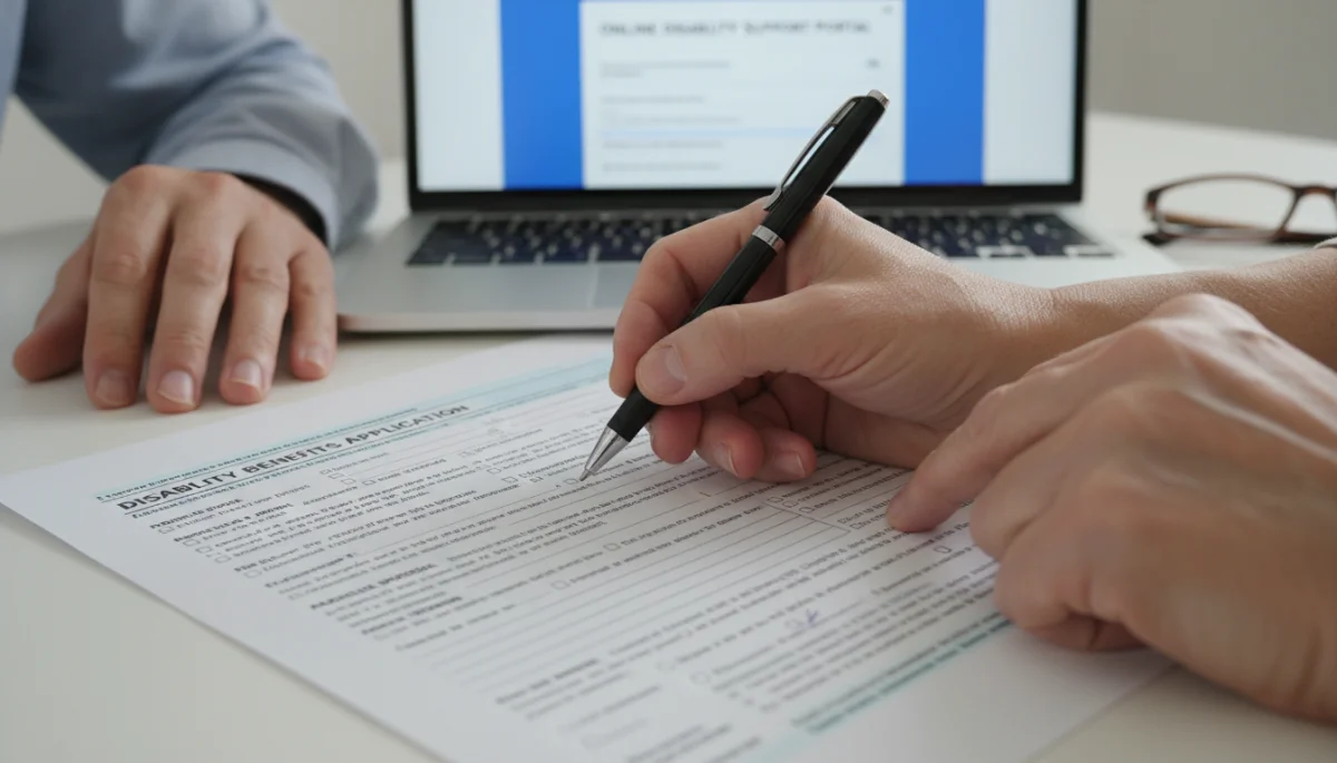 Detailed view of hands filling out a disability benefits application form
