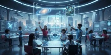 Children learning with advanced STEM technology in a modern classroom, anticipating 2026 curriculum changes