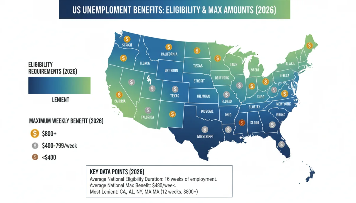 Infographic illustrating state-by-state unemployment benefit variations in the US for 2026