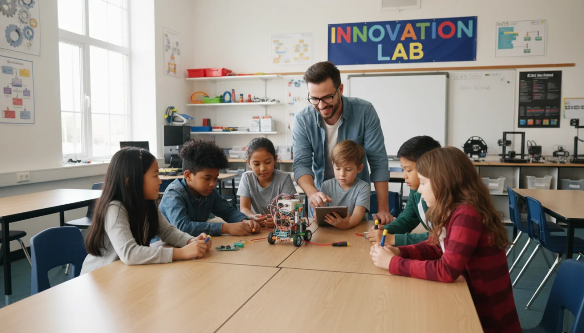 Elementary students collaborating on a robotics project in a modern STEM classroom