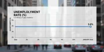 Graph illustrating the United States unemployment rate holding steady at 3.8% in January 2026, with a city background.