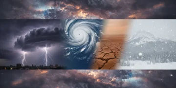 Illustration of diverse extreme weather events like hurricanes, droughts, and severe storms