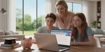Family reviewing college savings plan on laptop