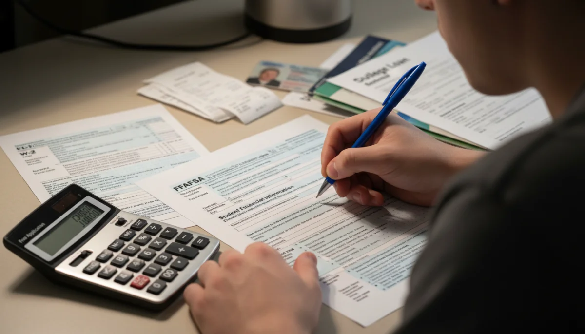 Hands filling out detailed FAFSA application form