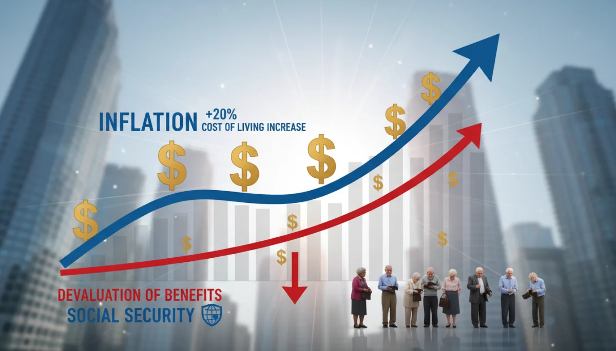Inflation impact on Social Security benefits, economic graph with rising dollar signs