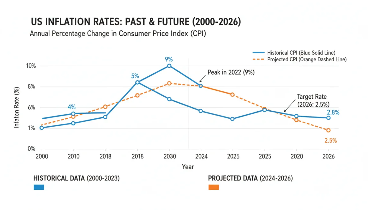 Chart showing historical and projected US inflation rates up to 2026.