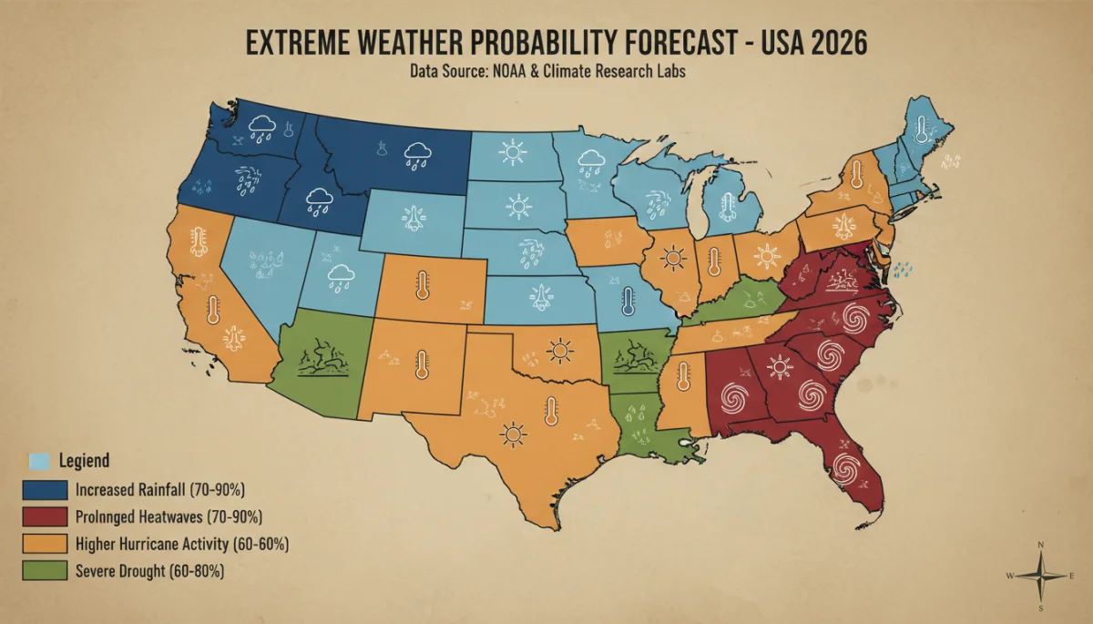 Map of United States showing projected extreme weather probabilities for 2026
