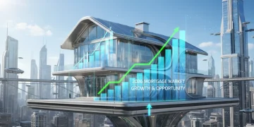 Futuristic house with financial graphs, symbolizing the 2026 mortgage market outlook