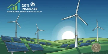 Illustration of solar panels, wind turbines, and rising energy graphs symbolizing the Department of Energy's 2026 renewable energy goals.