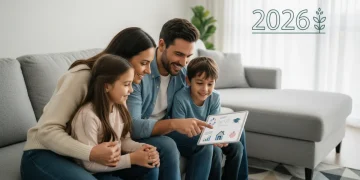 Happy family reviewing finances on a tablet, symbolizing the Child Tax Credit 2026