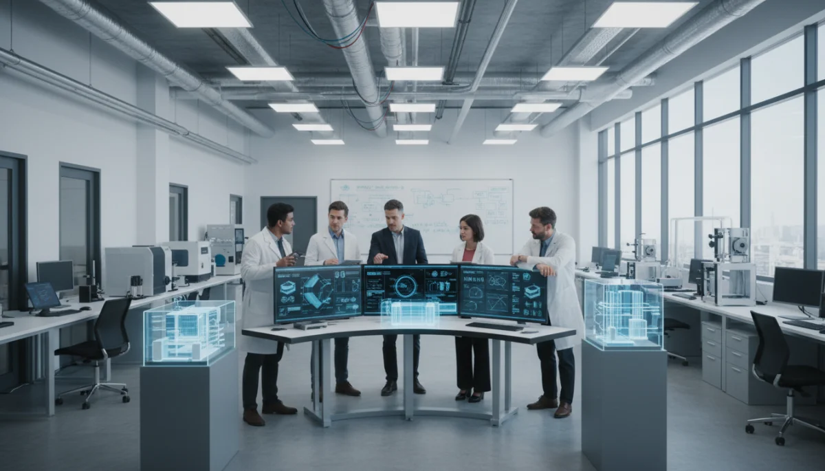 Scientists analyzing data in a lab, symbolizing innovation in renewable energy and grid modernization.