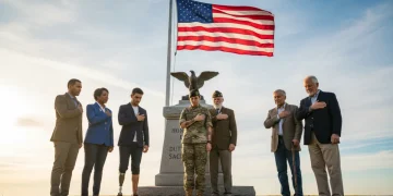 Veterans from various generations standing respectfully near an American flag monument.