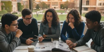 High school students contemplating college admissions brochures, representing future planning