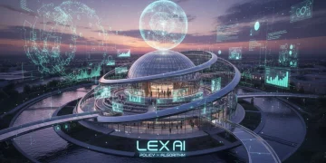 Congressional building with AI data streams, symbolizing AI regulation in 2026.