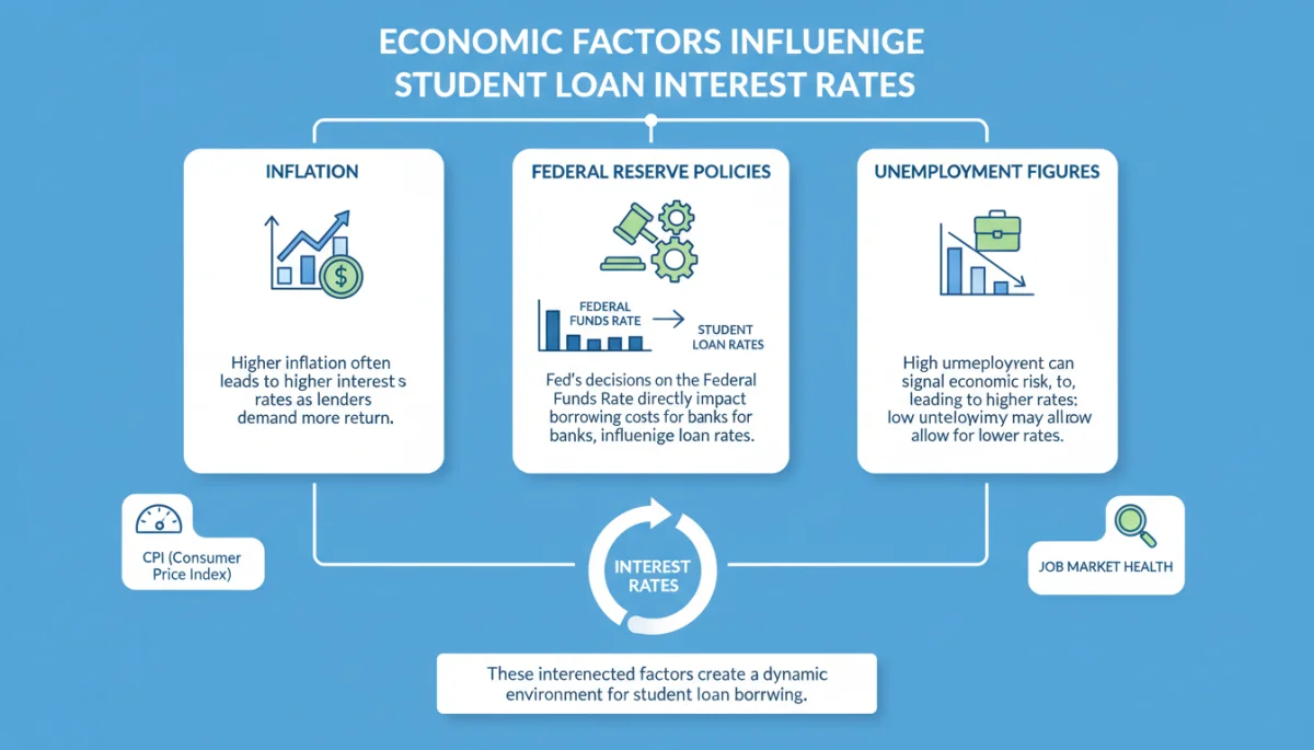 Economic factors influencing student loan interest rates infographic