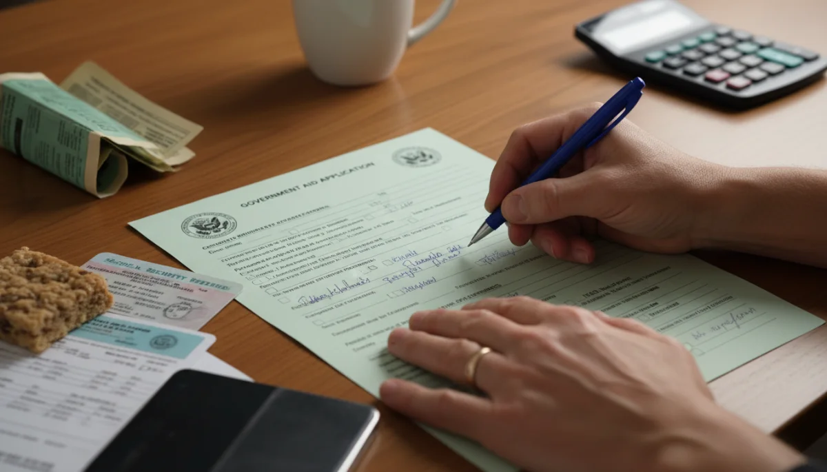 Hands filling out a government assistance application form