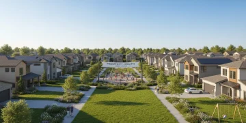 Modern houses in a thriving US neighborhood under a clear sky, representing housing market growth.